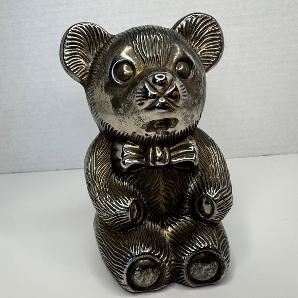 Silver/Brass-Tone Teddy Bear Bank 5" tall, Eclectic / Whimsigoth Display Décor - Picture 3 of 9